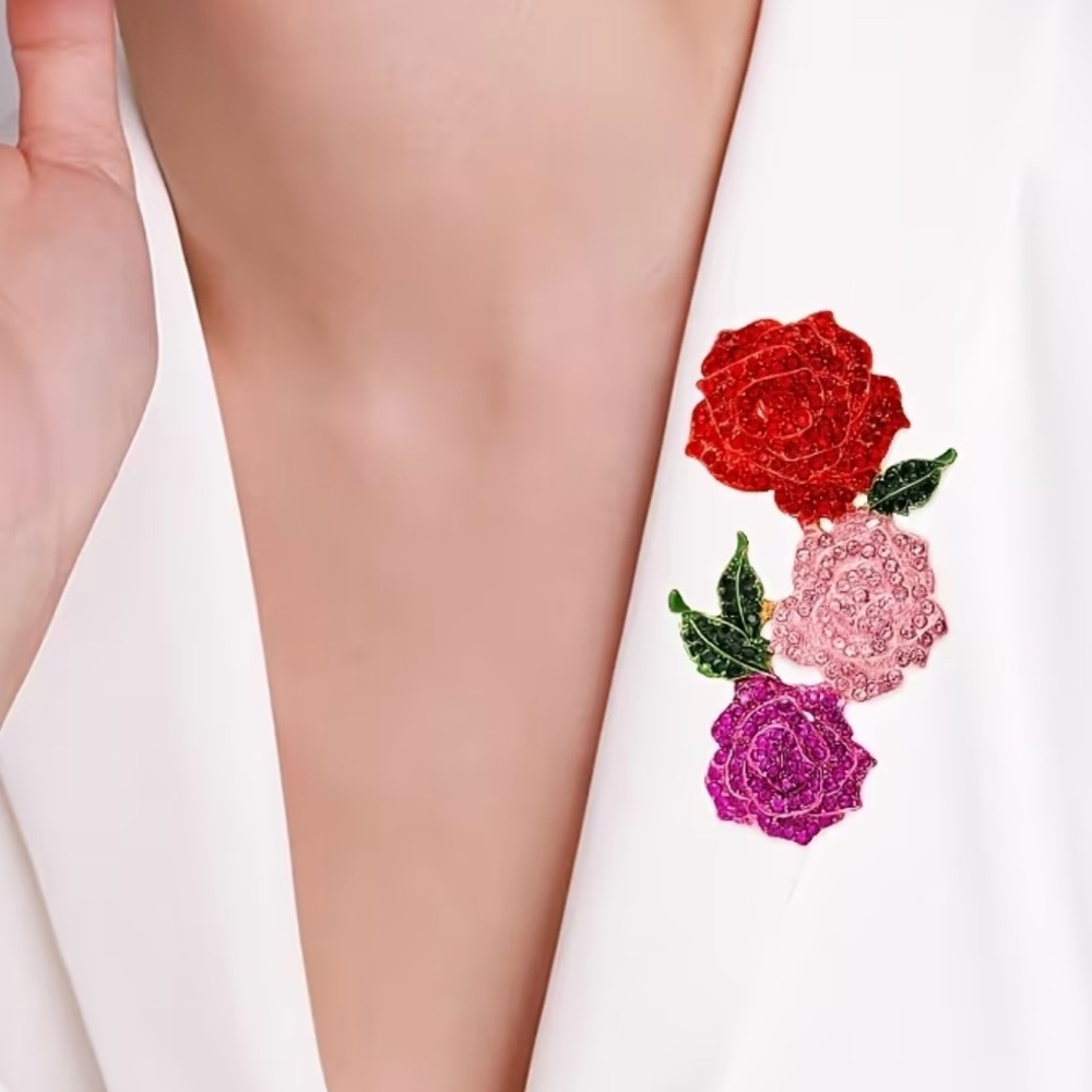 Bejeweled Rose Brooch Pin in Red, Pink & Purple